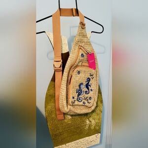 Vera Bradley Straw Sling Backpack With Embroidered Blue Sea Horses
